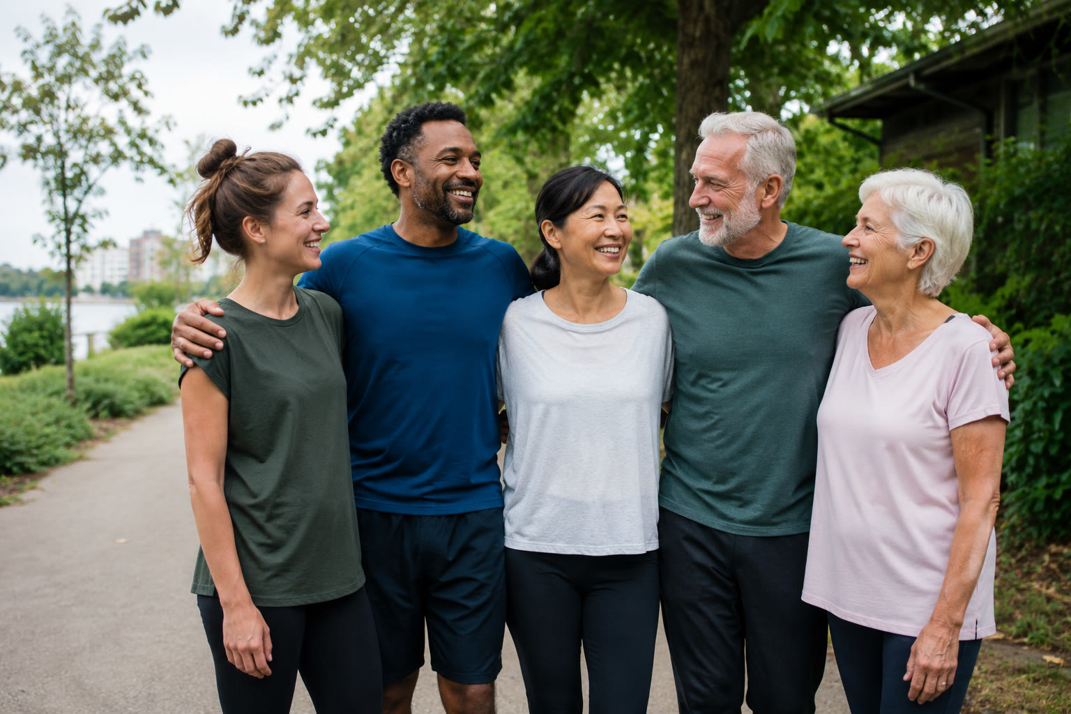 Five adults of varied ages enjoying time together outdoors